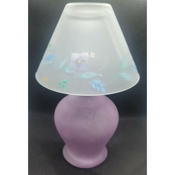 Vintage Glass Tea Light Lamp Lavender Purple Base With Hand Painted Flowers - Picture 1 of 8